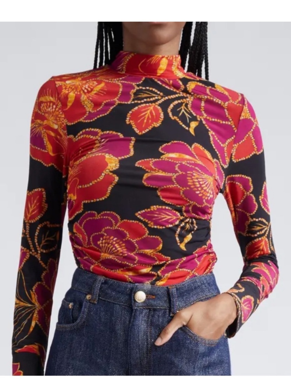 Farm Rio Floral Shiny Chita Print Jersey Snatched Bodice Top Euro Tropical Boho